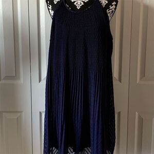 Elle Navy Blue‎ Pleated  Lined Halter Textured Keyhole Dress Sleeveless